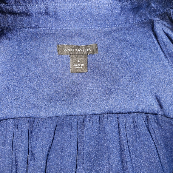 Ann Taylor Navy Satin Button-Down Blouse with Contrast Trim - Picture 6 of 7